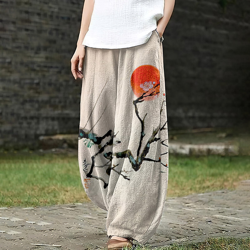 Women's Floral And Sunset Art Loose Casual Pants - Apricot - 5XL - image 1