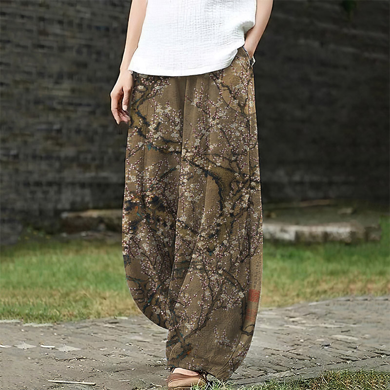 Women's Floral Art Japanese Loose Casual Pants - Khaki - 5XL - image 1