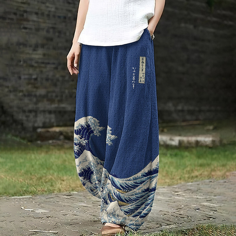 Women's Waves Japanese Art Loose Casual Pants - Blue - 5XL - image 1