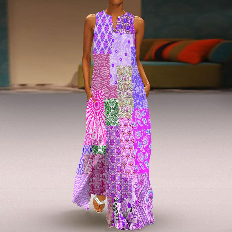 Vacation Bohemian Multicolor Floral Art Print Sleeveless Maxi Dress - Purple - 5XL - image 2