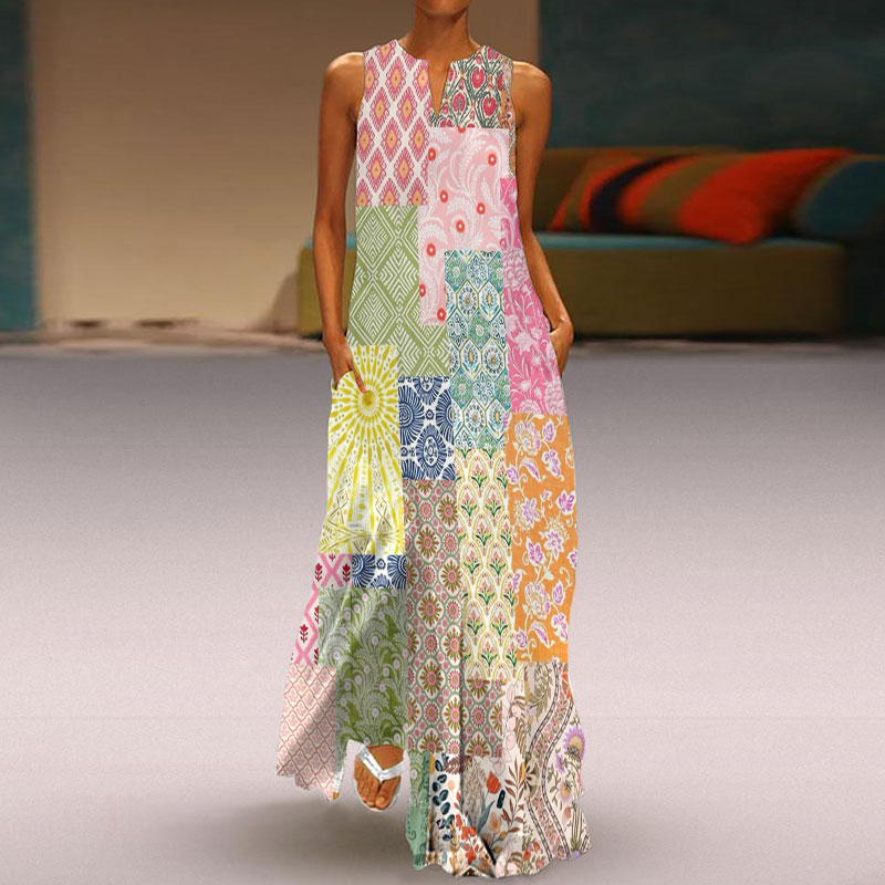 Vacation Bohemian Multicolor Floral Art Print Sleeveless Maxi Dress - Pink - 5XL - image 1