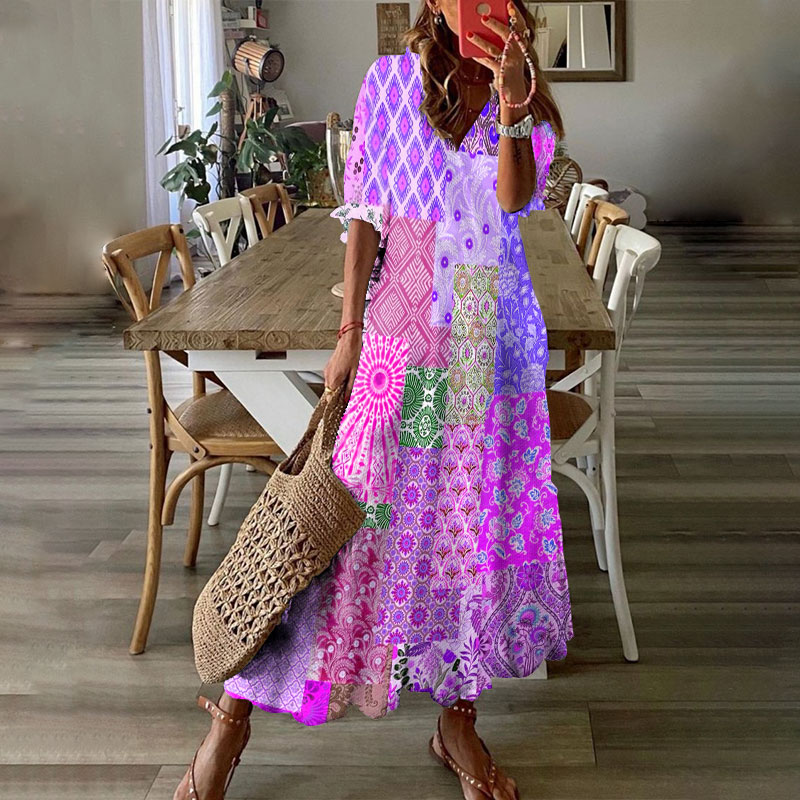 Vacation Bohemian Multicolor Floral Art Print Short Sleeve V-neck Maxi Dress - Purple - 6XL - image 3