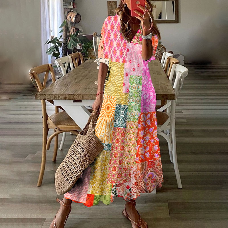 Vacation Bohemian Multicolor Floral Art Print Short Sleeve V-neck Maxi Dress - Red - 6XL - image 2