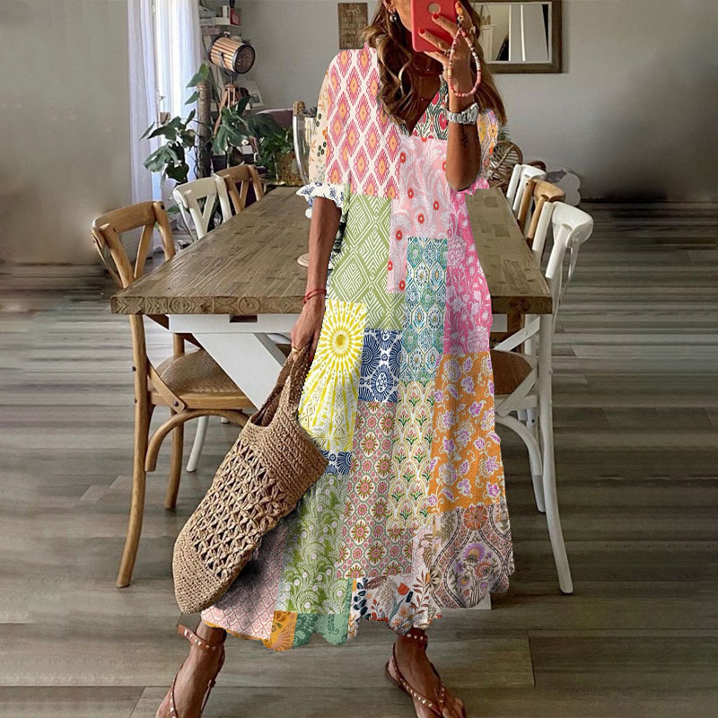 Vacation Bohemian Multicolor Floral Art Print Short Sleeve V-neck Maxi Dress - Pink - 6XL - image 1