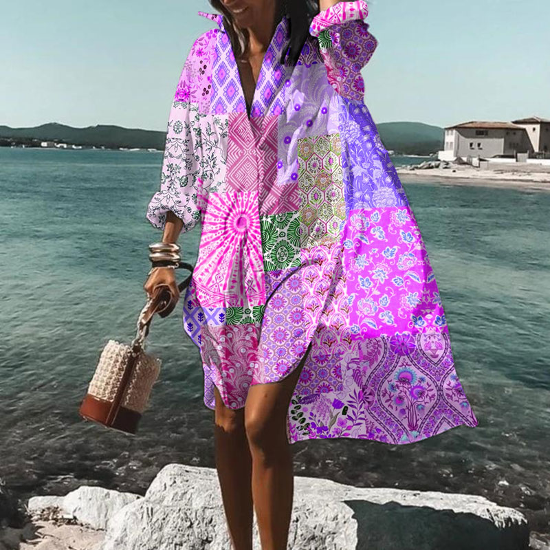 Vacation Bohemian Multicolor Floral Art Print Casual Loose Shirt Dress - Purple - 5XL - image 2
