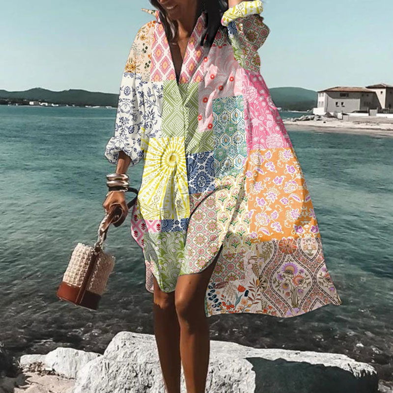 Vacation Bohemian Multicolor Floral Art Print Casual Loose Shirt Dress - Pink - 5XL - image 1