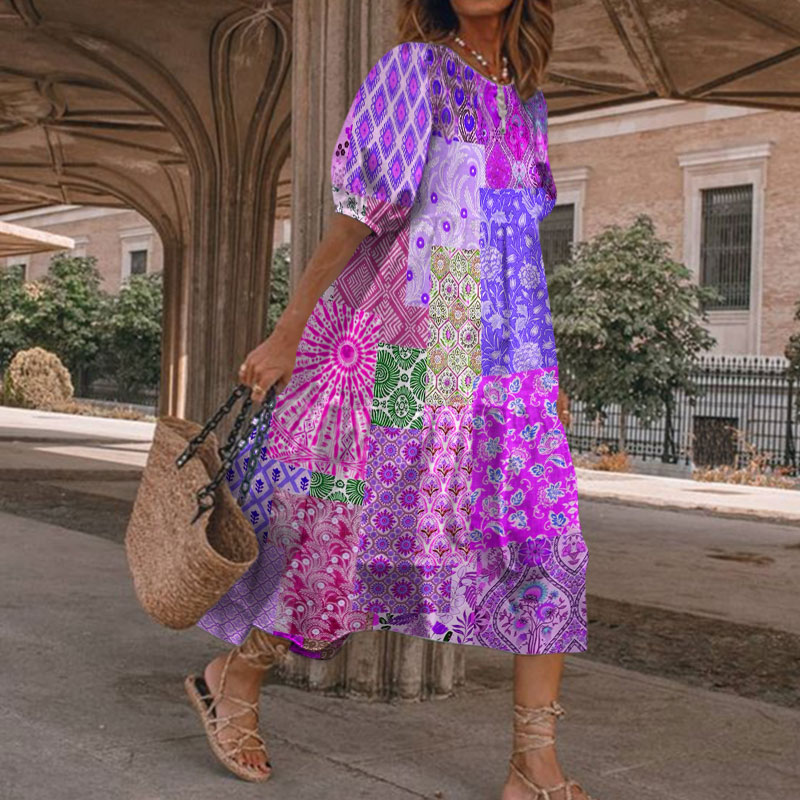 Summer Vacation Boho Multicolor Floral Art Patchwork Print Casual Loose Dress - Purple - 5XL - image 2