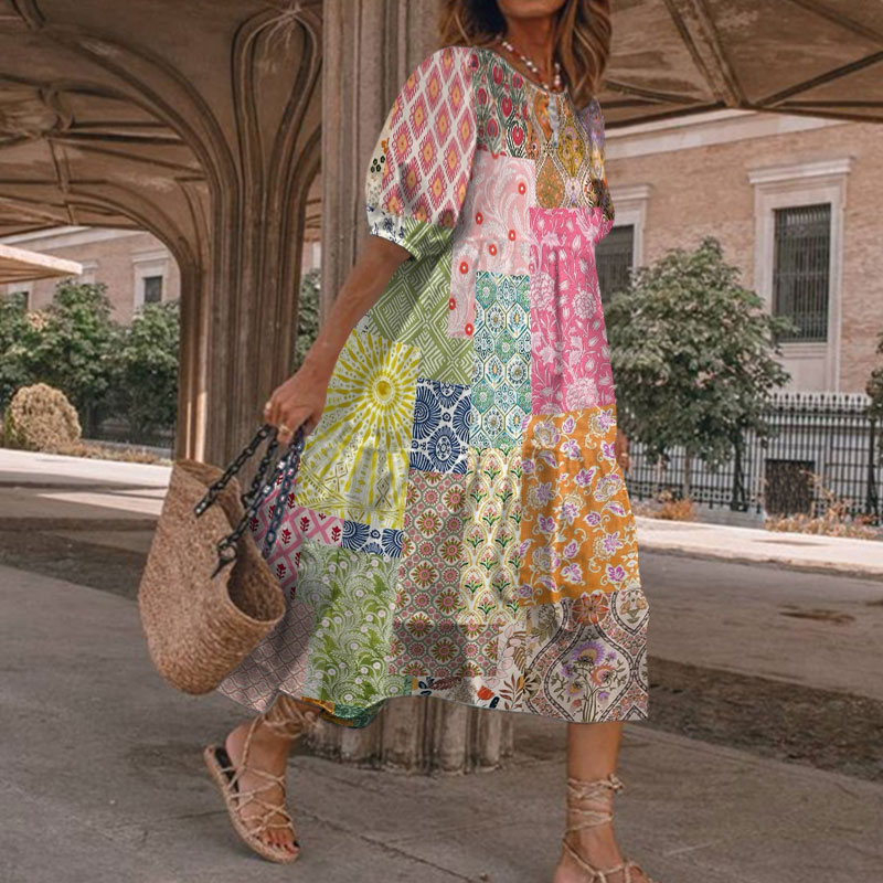 Summer Vacation Boho Multicolor Floral Art Patchwork Print Casual Loose Dress - Pink - 5XL - image 1