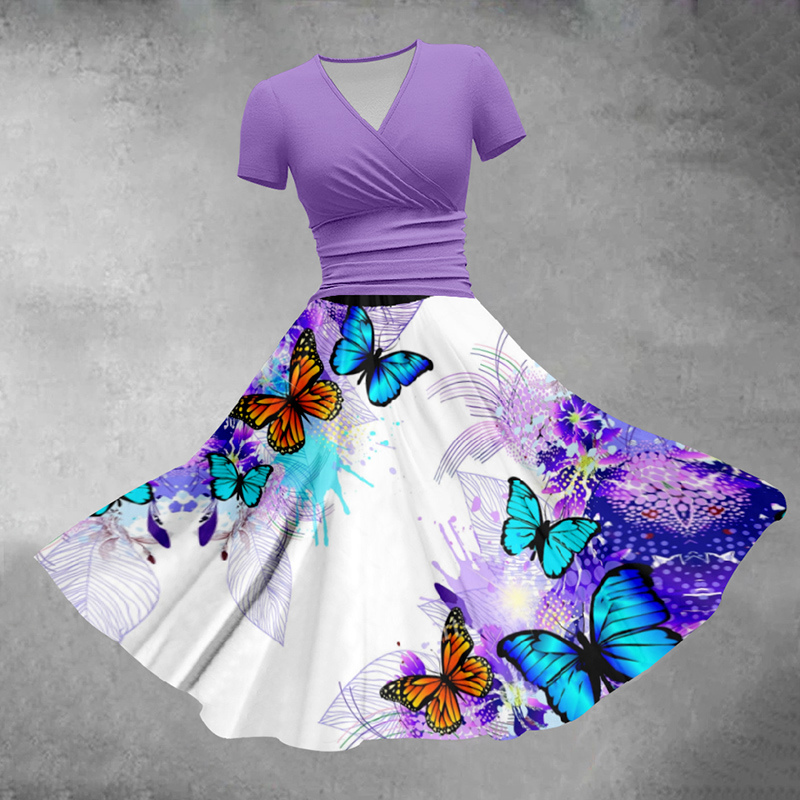 V-neck Purple Butterfly Gradient Midi Dress - Purple - 5XL - image 1