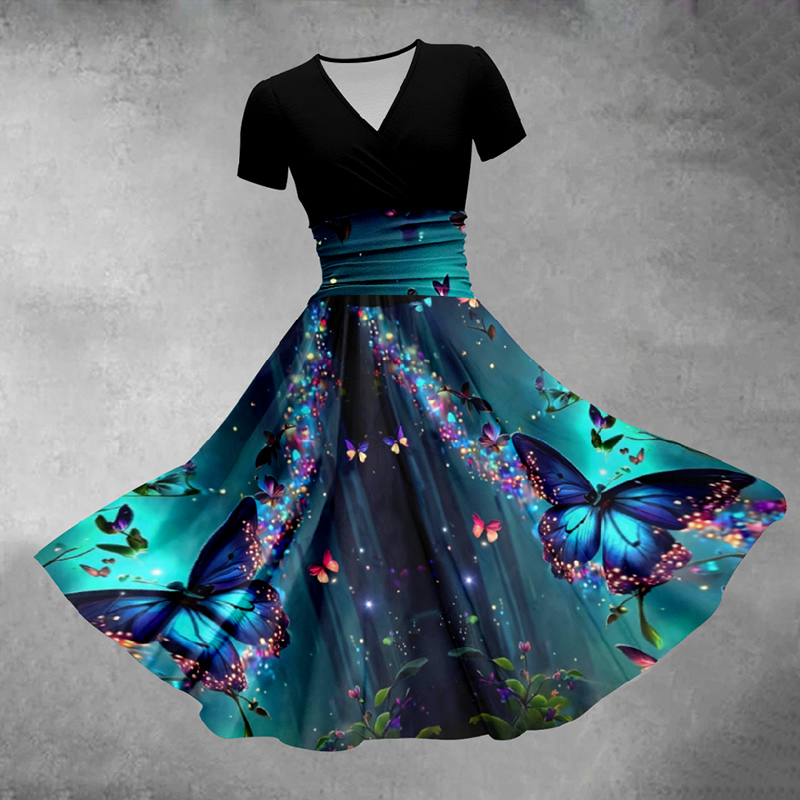 V-neck Contrast Butterfly Gradient Midi Dress - Lake Blue - 5XL - image 1