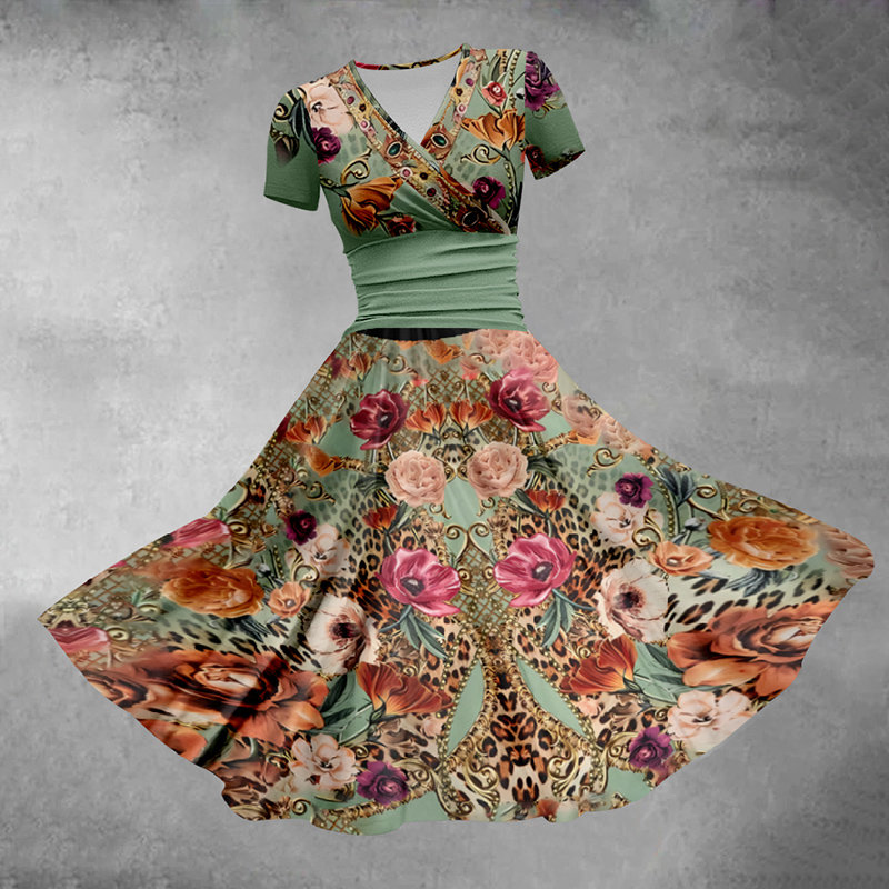 Women's Retro V-neck Flower Print Midi Dress - Green - 5XL - image 1