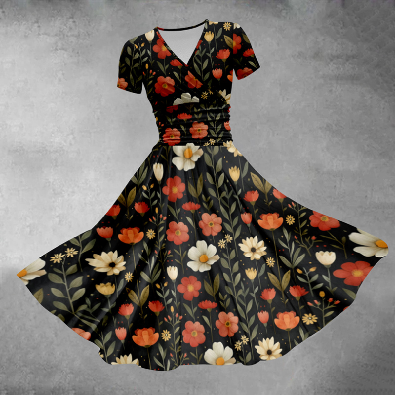 Women's Retro V-neck Flower Print Vacation Midi Dress - Multicolor - 5XL - image 1