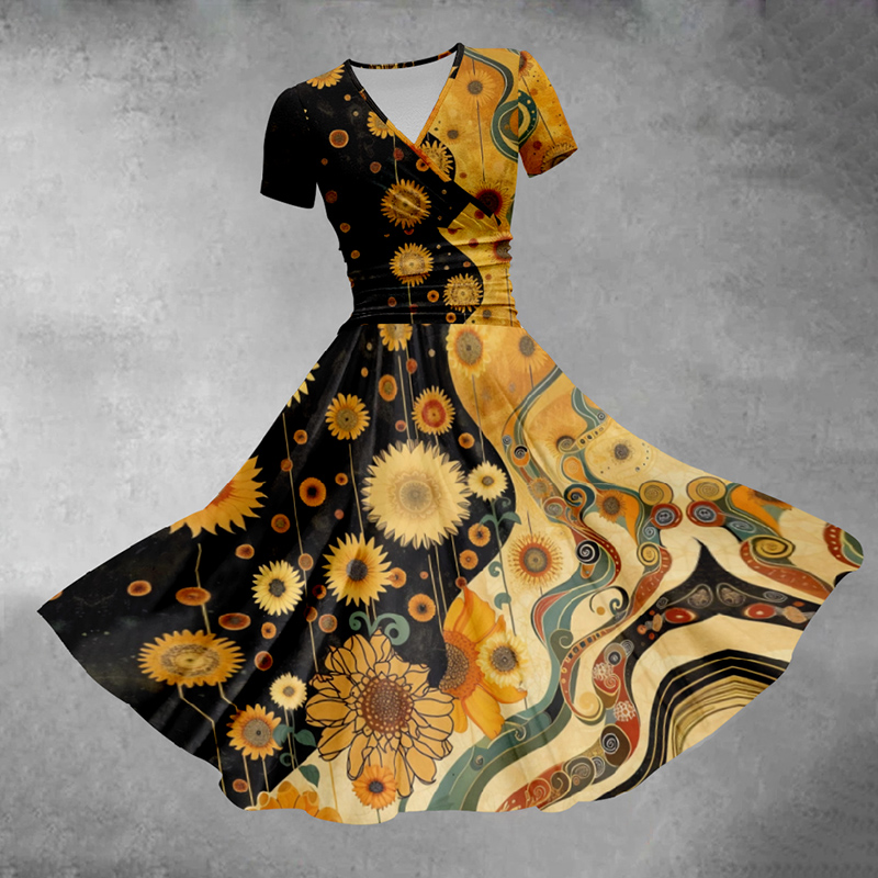 Women's V-neck Sunflower Print Vacation Midi Dress - Yellow - 5XL - image 1