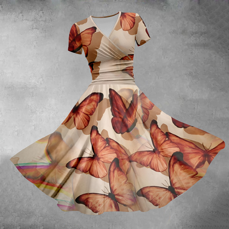 Women's V-neck Butterfly Print Vacation Midi Dress - Red - 5XL - image 1