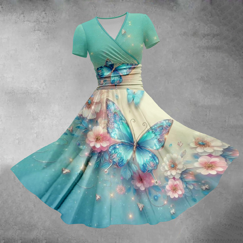 Women's V-neck Butterfly Floral Gradient Print Midi Dress - Dark Blue - 5XL - image 1