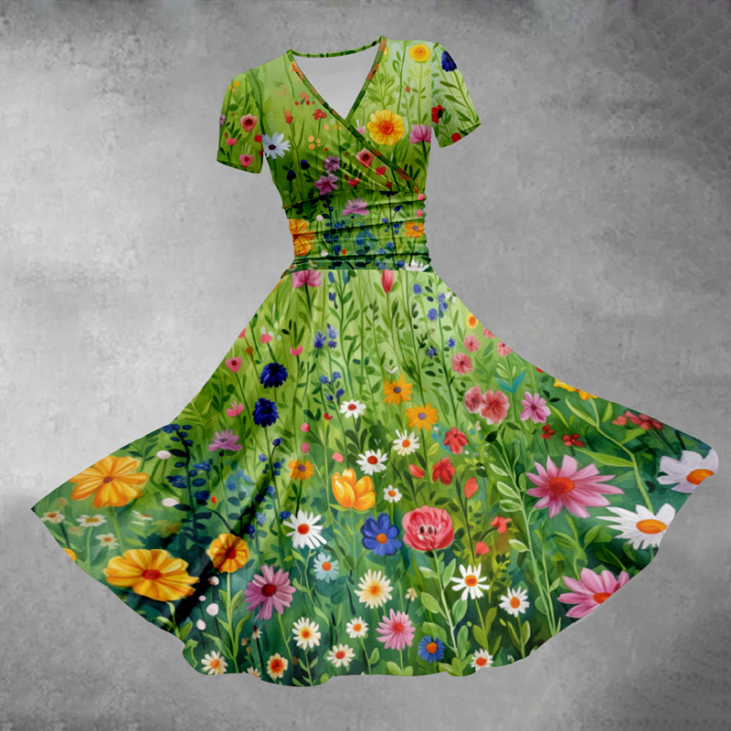 Women's V-neck Green Flower Plant Print  Vacation Midi Dress - Green - 5XL - image 1
