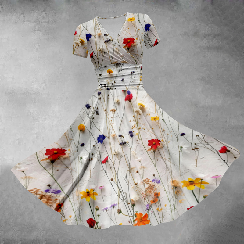 Women's V-neck Bohemian Floral Midi Dress - White - 5XL - image 1