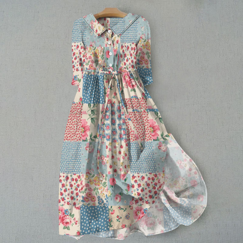 Retro Pastoral Style Literary Floral Splicing Print Waist Tie-up Lapel Dress - Blue - 6XL - image 1