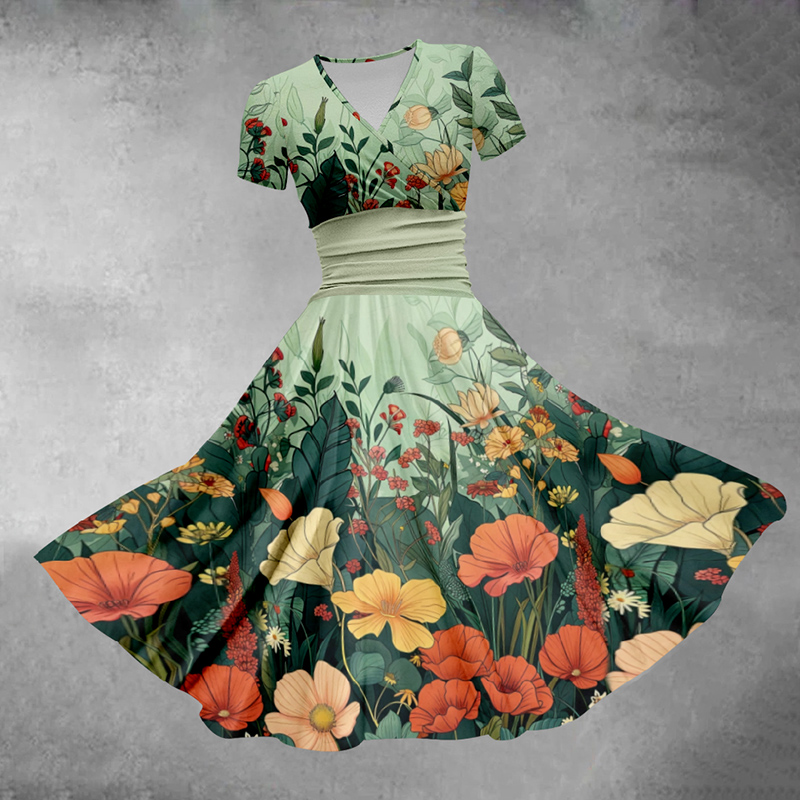 Women's V-neck Bohemian Floral Plant Midi Dress - Green - 5XL - image 1