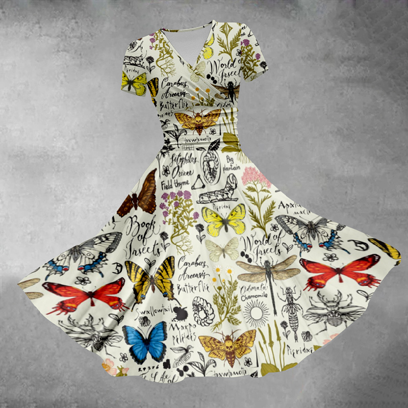 Women's V-neck Bohemian Butterfly Print Midi Dress - Multicolor - 5XL - image 1