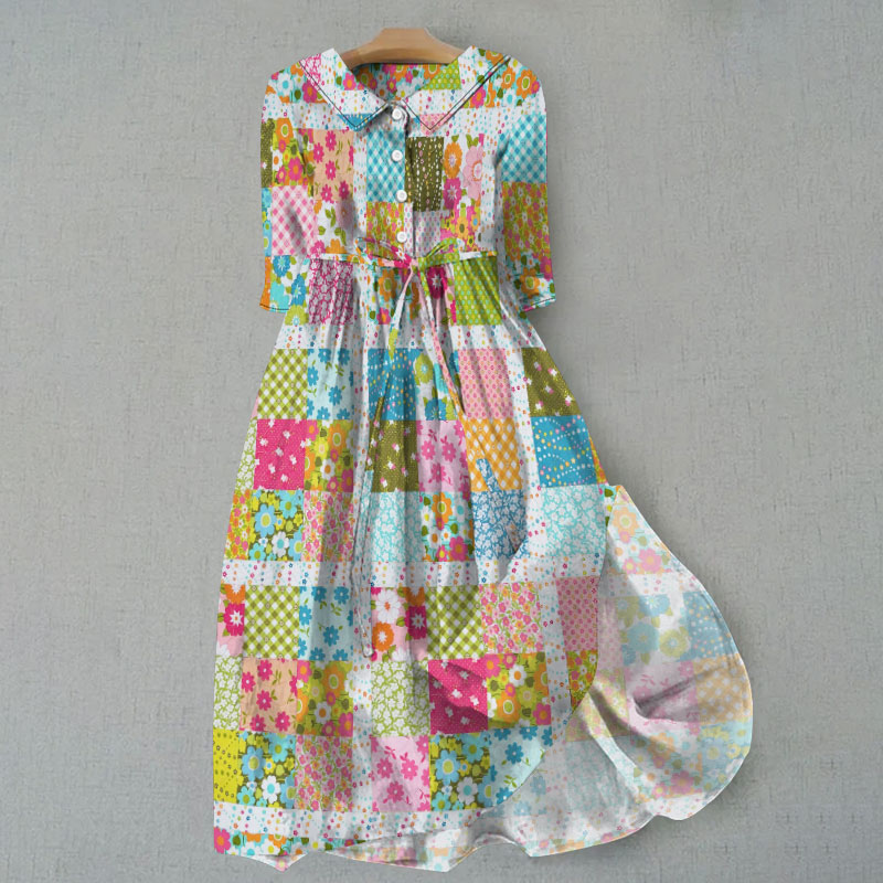 Bohemian Vacation Artistic Floral Patchwork Print Waist Tie-up Lapel Dress - Pink - 6XL - image 1