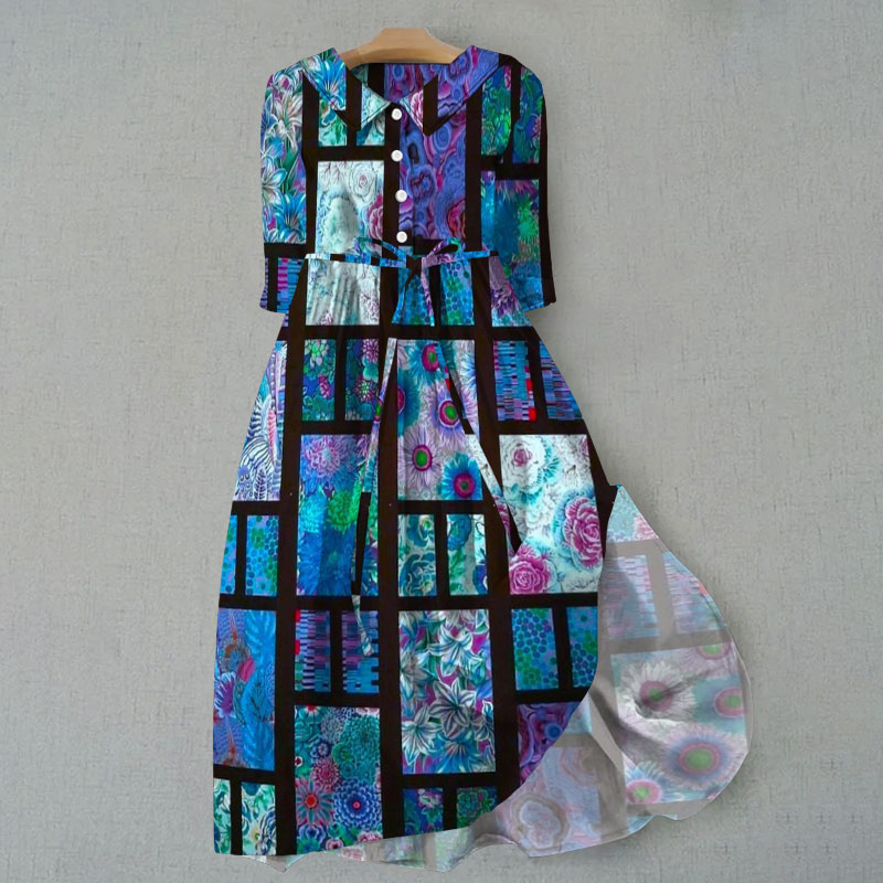 Retro Design Floral Splicing Print Waist Tie-up Lapel Dress - Blue - 6XL - image 1