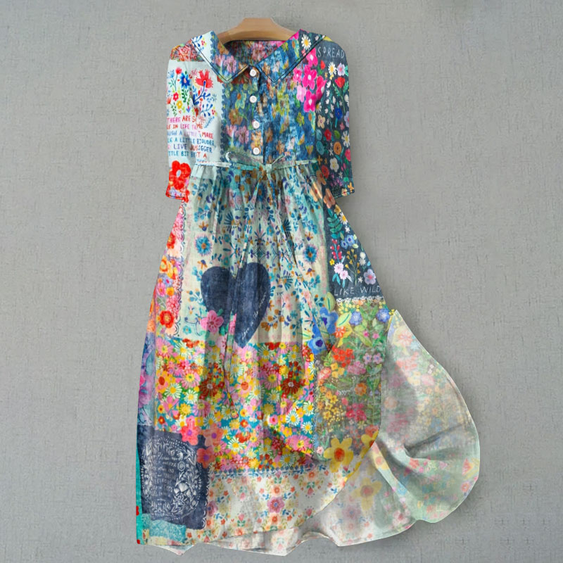 Hippie Bohemian Floral Stitching Art Print Waist Tie-up Lapel Dress - Blue - 6XL - image 1