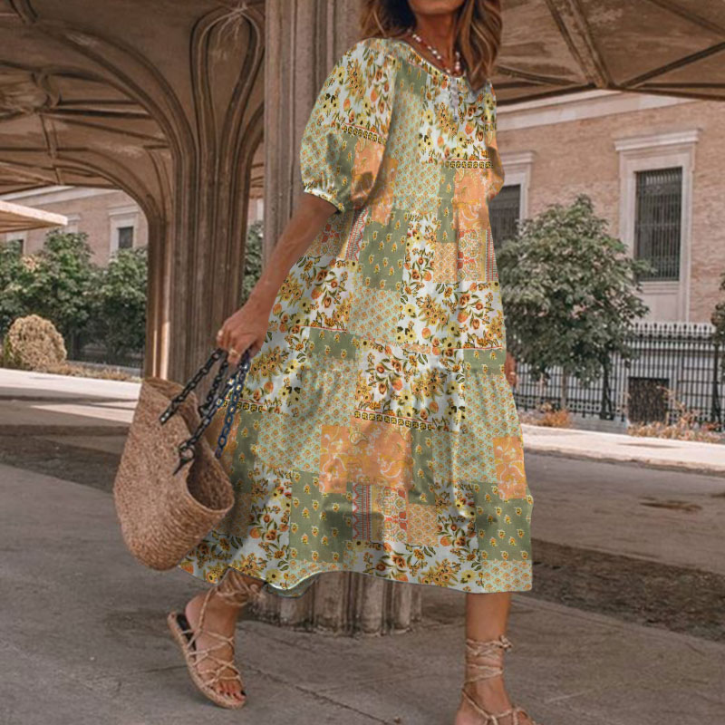 Casual Resort Bohemian Floral Plaid Print Casual Loose Dress - Green - 5XL - image 1