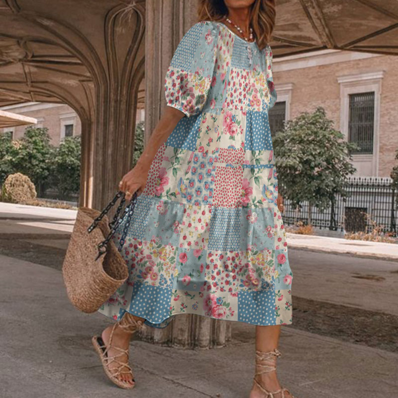 Retro Pastoral Style Literary Floral Splicing Print Casual Loose Dress - Blue - 5XL - image 1