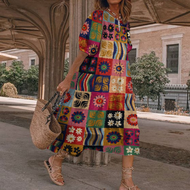 Summer Hippie Retro Bohemian Daisy Patchwork Print Casual Loose Dress - Red - 5XL - image 1