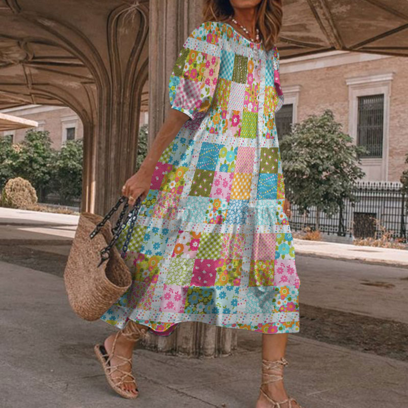 Bohemian Vacation Artistic Floral Patchwork Print Casual Loose Dress - Blue - 5XL - image 1