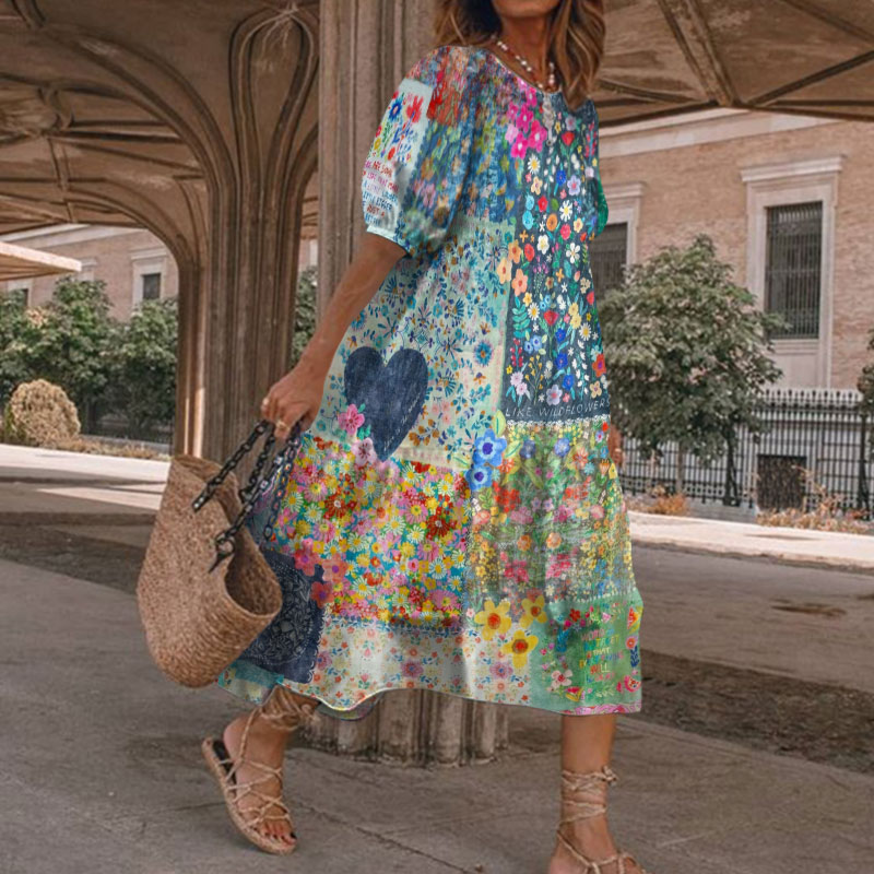 Hippie Bohemian Floral Stitching Art Print Casual Loose Dress - Blue - 5XL - image 1