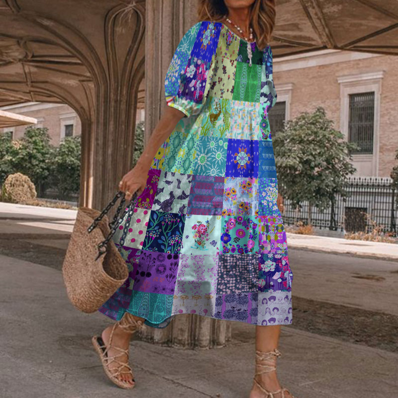 Women's Floral Check Print Casual Loose Dress - Blue - 5XL - image 1