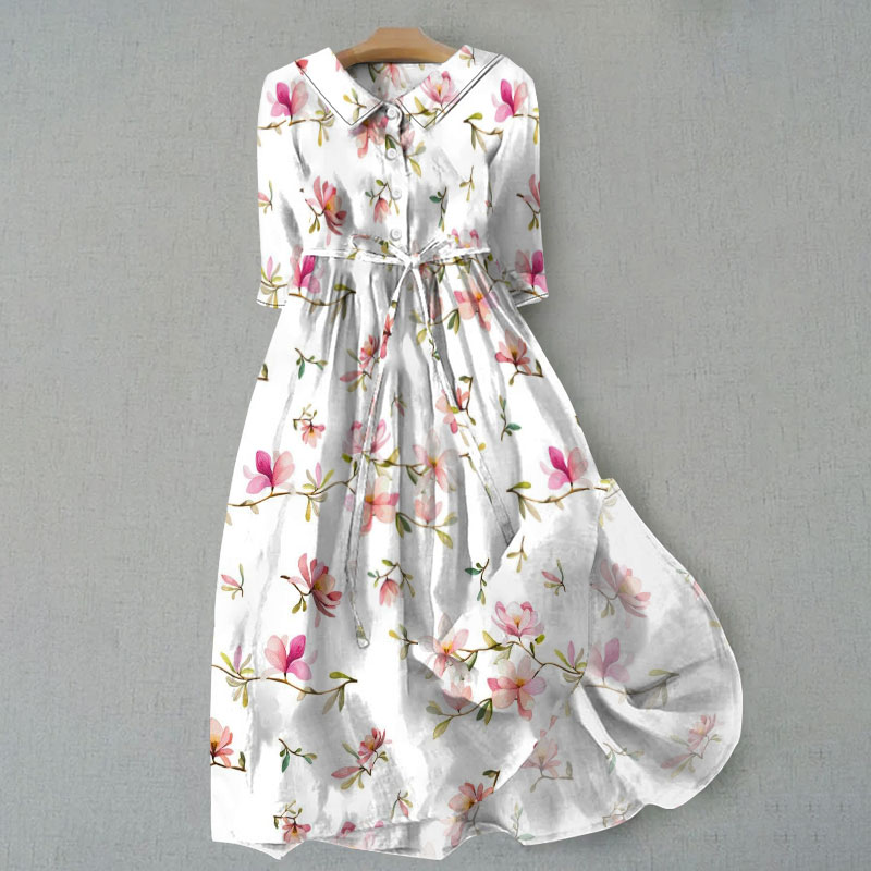 Women's Literary Simple Floral Print Waist Tie-up Lapel Dress - White - 6XL - image 1