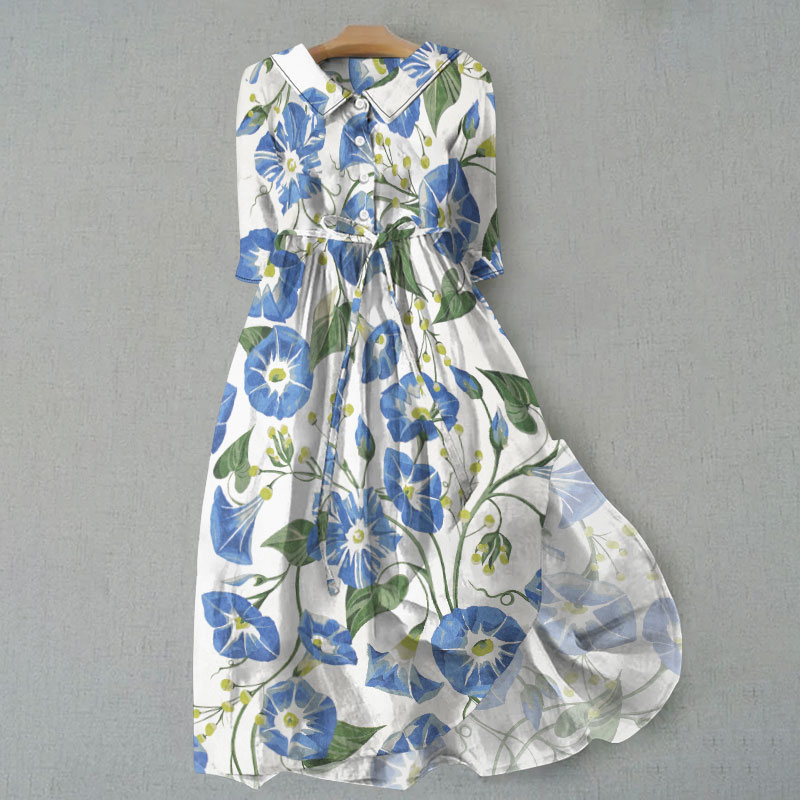 Women's Literary Morning Glory Print Waist Tie-up Lapel Dress - White - 6XL - image 1