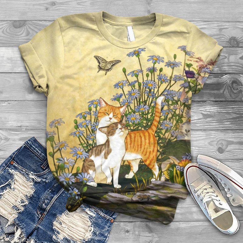 Retro Floral Cat Lover Print Casual T-shirt - Yellow - 5XL - image 1