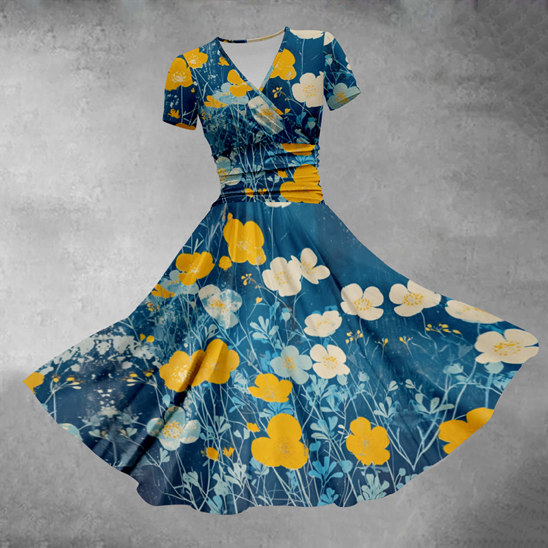 Women's Summer Flower Print Short Sleeves Midi Dress - Blue - 5XL - image 1