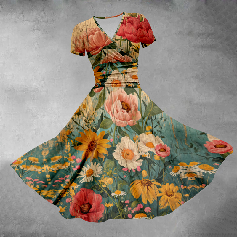 Women's Summer Boho Flower Print Short Sleeves Midi Dress - Green - 5XL - image 1