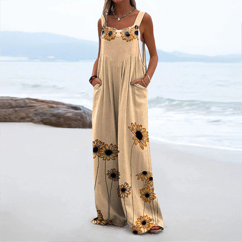 Women's Vintage Casual Daisy Print Wide Leg Jumpsuit