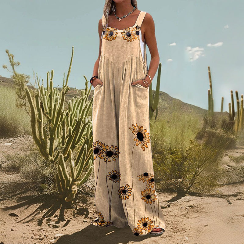 Women's Vintage Casual Daisy Print Wide Leg Jumpsuit