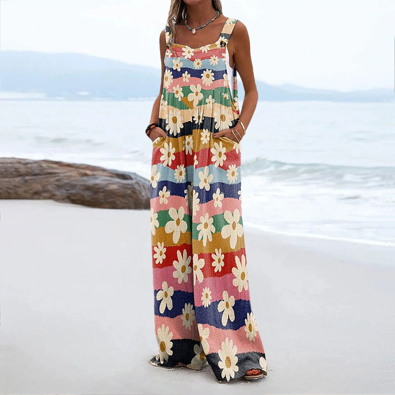 Summer Women's Vacation Retro Multi-color Daisy Print Casual Wide Leg Jumpsuit