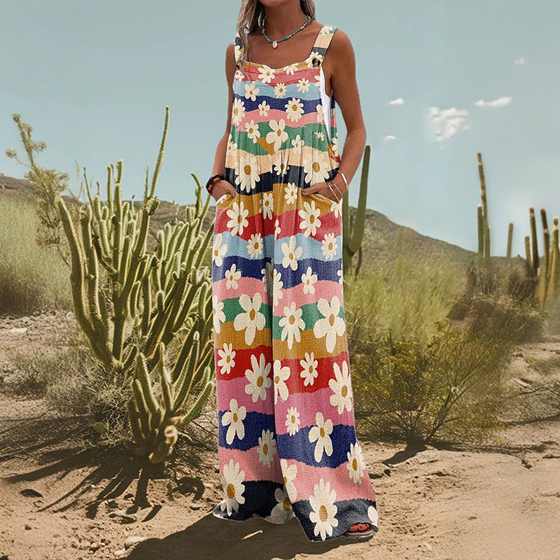 Summer Women's Vacation Retro Multi-color Daisy Print Casual Wide Leg Jumpsuit