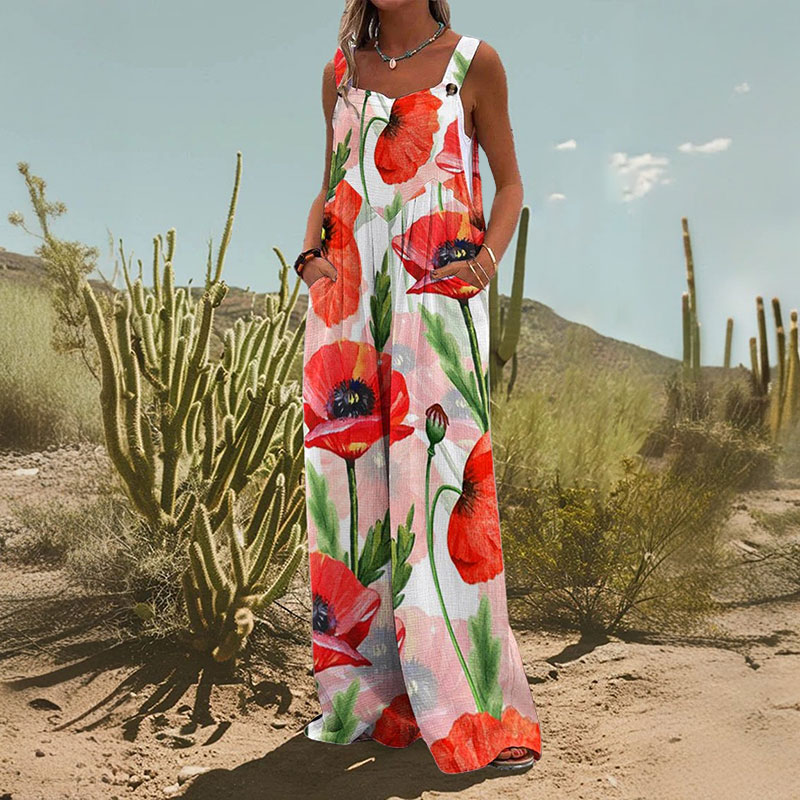 Women's Watercolor Poppies Flower Print Casual Wide Leg Jumpsuit
