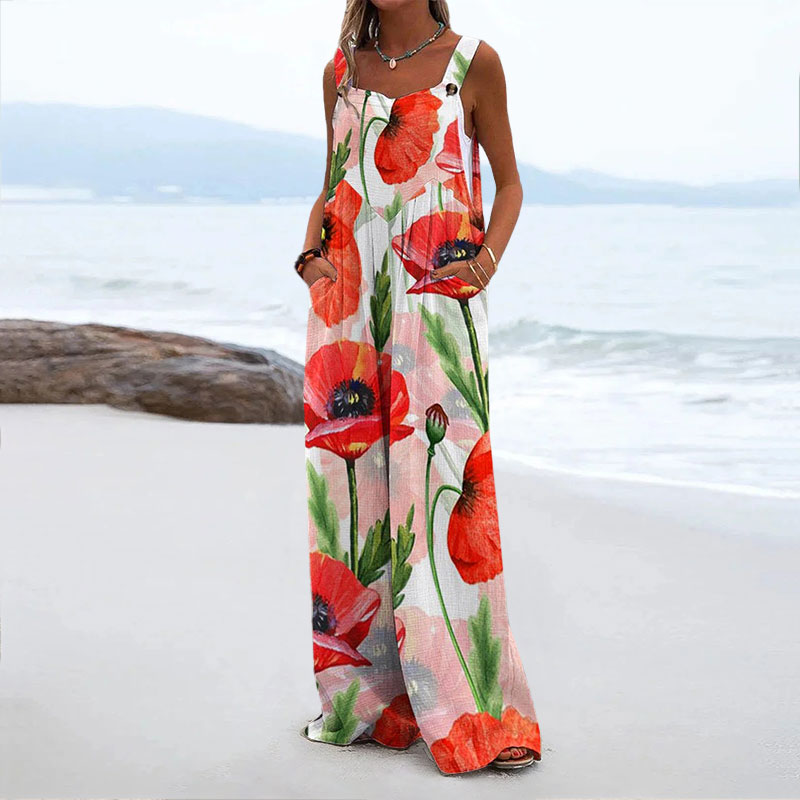 Women's Watercolor Poppies Flower Print Casual Wide Leg Jumpsuit
