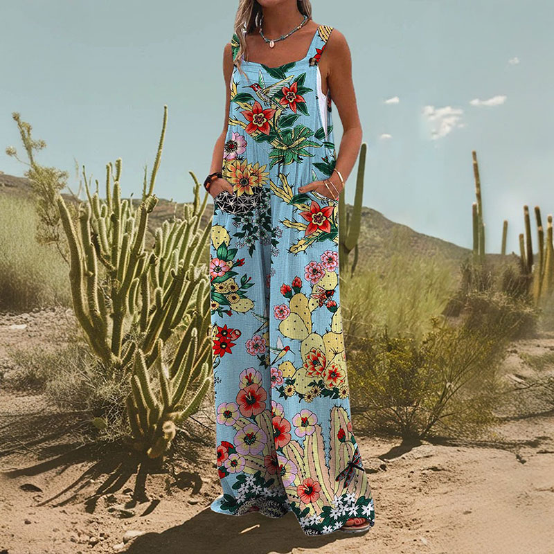 Women's Vintage Cactus Print Casual Wide Leg Jumpsuit