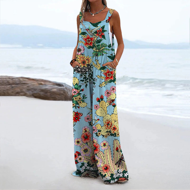 Women's Vintage Cactus Print Casual Wide Leg Jumpsuit