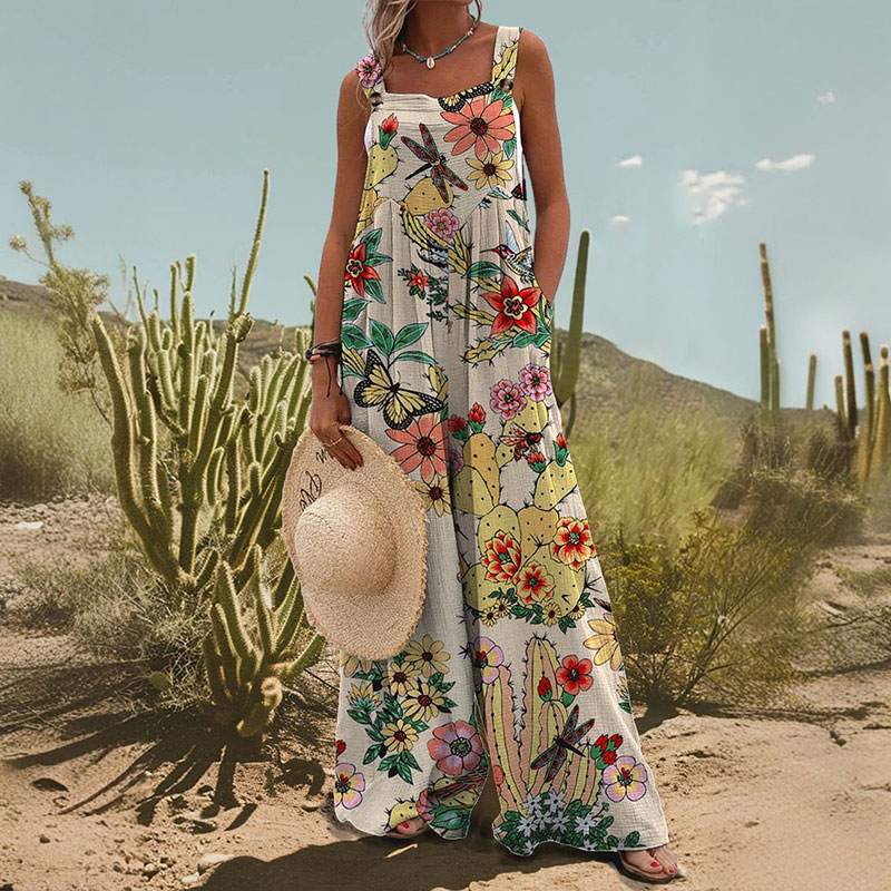 Women's Vintage Cactus Print Casual Wide Leg Jumpsuit
