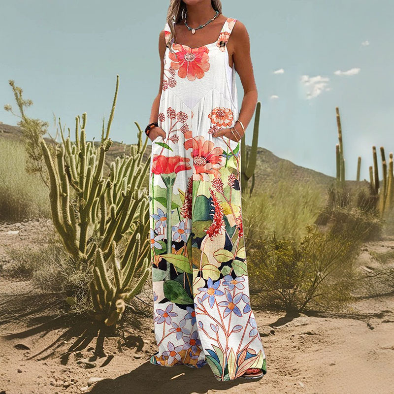 Vacation Women's Flower Print Casual Wide Leg Jumpsuit