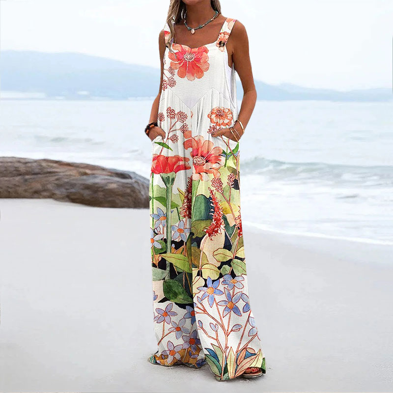Vacation Women's Flower Print Casual Wide Leg Jumpsuit