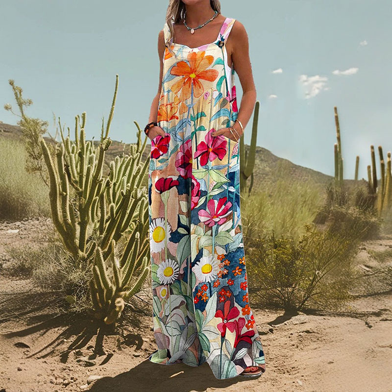 Summer Vacation Floral Print Casual Wide Leg Jumpsuit